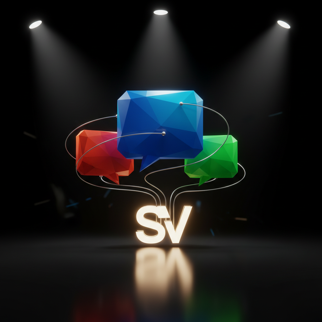 An abstract representation of a brand’s social voice as a cluster of three-dimensional speech bubbles emerging from a central, glowing brand logo icon on a glossy dark surface. Each bubble is a different saturated color with subtle gradients and sharp, faceted edges, symbolizing varied content pillars. Thin, metallic lines connect them back to the central logo, reflecting a cohesive strategy. Focused spotlights from above create reflections and crisp highlights, with the surrounding space fading into a soft vignette. Captured with photographic realism from a slightly elevated perspective, maintaining sharp focus on the central cluster and gentle blur toward the edges. The mood is bold, confident, and dynamic, emphasizing clear, amplified messaging rather than reinventing a brand’s core identity.