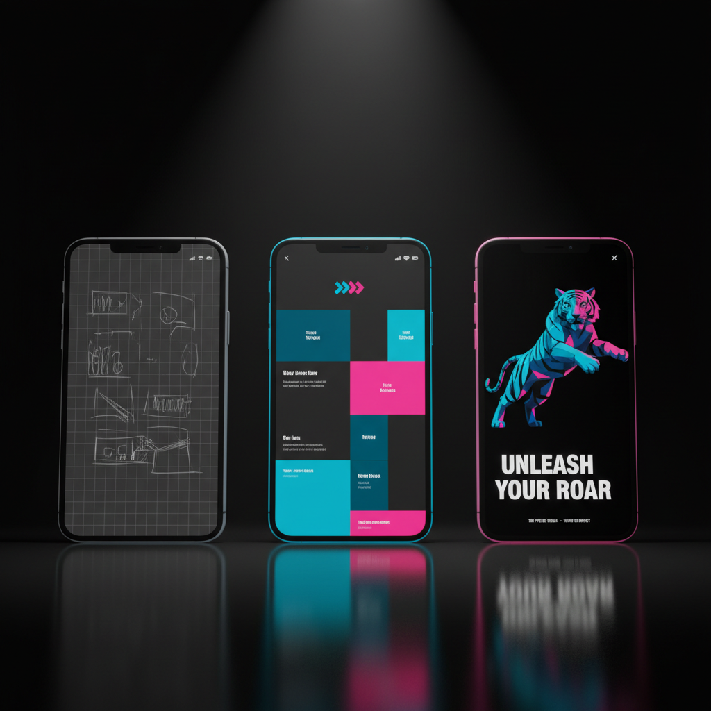 A row of three oversized smartphone mockups standing upright on a reflective black surface, each screen showing a different stage of a social media campaign: concept sketch overlays, refined layout with brand colors, and fully polished, live-ready post with bold typography and dramatic imagery. Subtle neon pink and electric blue edge lighting rims the phones, while a soft spotlight above creates crisp reflections below them. Shot in photographic realism from a slightly low angle, giving the devices a powerful, monumental presence, with the background fading into deep, velvety darkness. The atmosphere is assertive, modern, and high-impact, visually narrating how The Posted Social evolves a client’s existing vision into bold, scroll-stopping content.