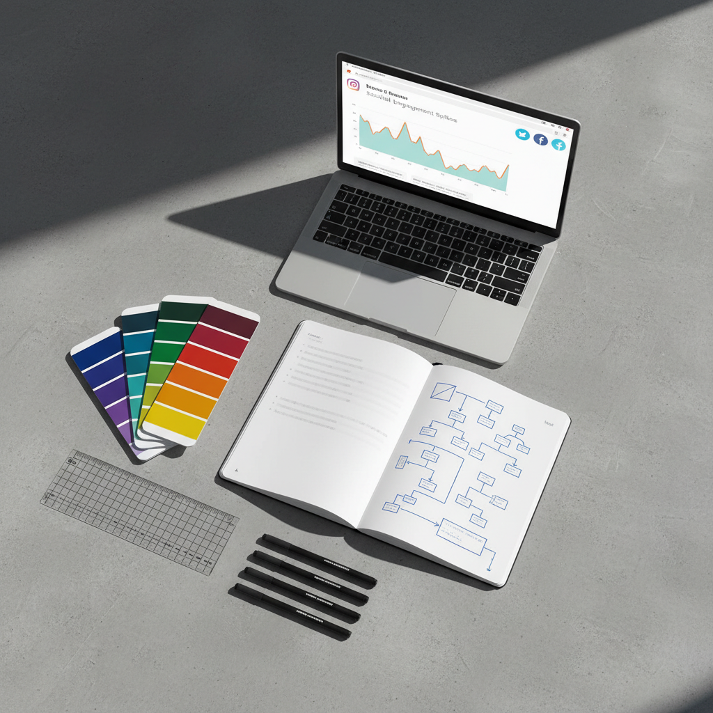 A dynamic flat lay of a brand audit toolkit arranged on a smooth concrete surface: a crisp white notebook opened to a page filled with clean, geometric diagrams, a stack of color-calibrated swatch cards in bold jewel tones, a minimalist laptop showing a dashboard of social engagement spikes, and a set of matte black pens aligned with ruler-like precision. A single bright, overhead studio light casts defined, graphic shadows that emphasize structure and focus. Photographic realism with a top-down, bird’s-eye composition creates a bold, poster-like image. The atmosphere is analytical yet creative, conveying the power of refining what already exists to amplify a brand’s social media impact without losing its core identity.
