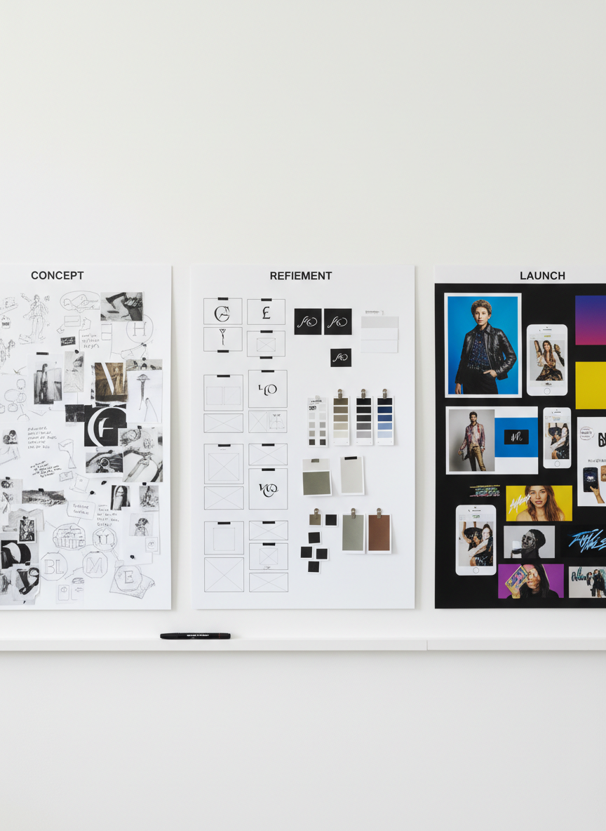 A close-up of a brand’s visual transformation shown through three oversized vertical boards mounted on a seamless white wall: the first board with rough pencil sketches and scribbled ideas, the second with refined layout drafts, and the third with bold, full-color social media campaign designs. Each board is meticulously pinned with glossy printouts and color swatches, with a sleek black marker resting on a narrow white ledge below. Bright, diffused studio lighting eliminates harsh shadows and makes colors pop with photographic realism. Shot straight-on at eye level with perfect alignment and minimal background distractions. The mood is ambitious, polished, and unapologetically bold, highlighting the journey from a client’s initial vision to a fully elevated, ready-to-launch social media presence.