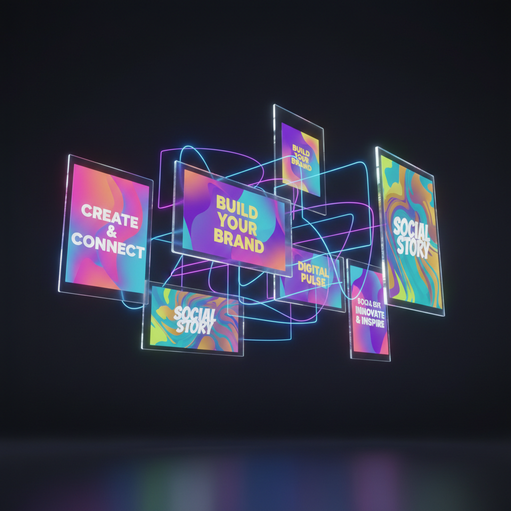 A sleek arrangement of vibrant square and vertical screens floating against a deep charcoal background, each screen displaying different bold, colorful social media post designs with strong typography and dynamic gradients. Thin neon lines connect the screens like a network, forming an abstract map of a brand’s digital presence. A cool, cinematic rim light traces the edges of the screens, while a soft glow radiates from their surfaces, casting subtle reflections on an invisible glass plane below. Captured in photographic realism with a slightly low angle to feel immersive, using sharp focus throughout. The atmosphere is energetic, innovative, and future-focused, perfectly expressing how creative marketing connects platforms into one cohesive social story.